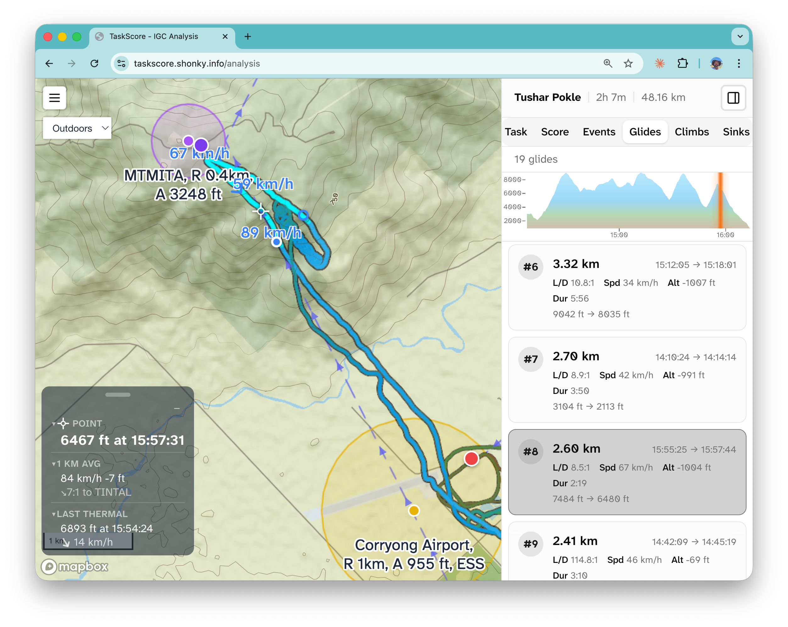 GlideComp analysis interface showing a map with flight tracks and waypoints