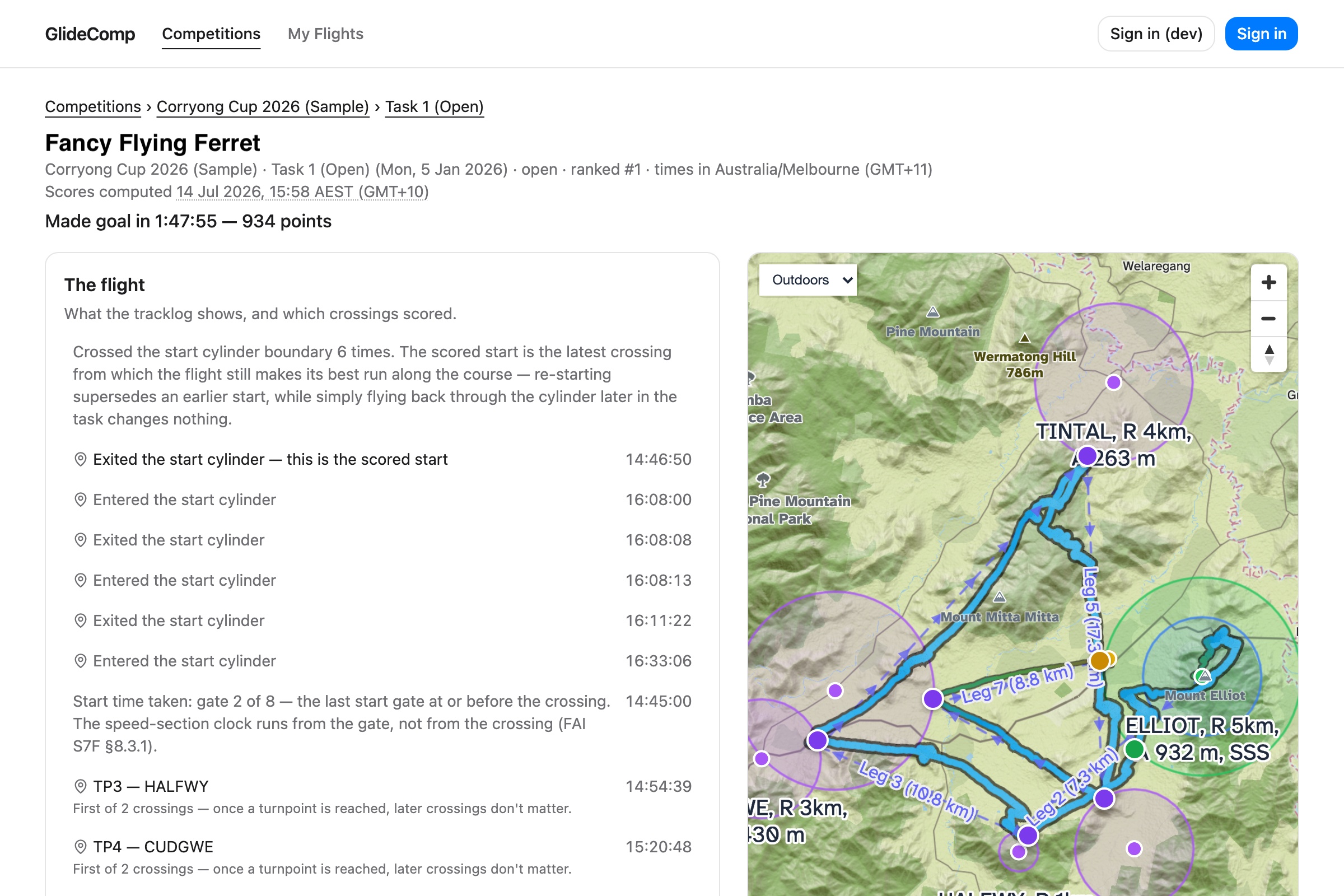 A pilot's score explanation in GlideComp: a plain-English timeline of start-cylinder crossings and turnpoints beside a terrain map of the flight